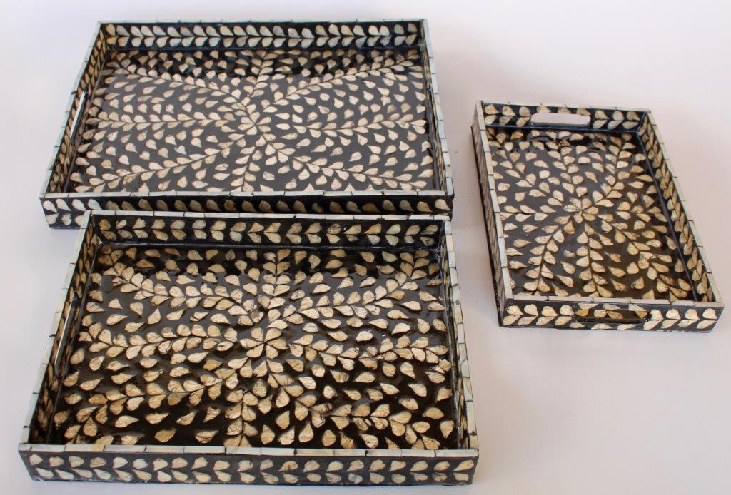 Set Of 3 Black & Silver Rectangular Capiz Trays